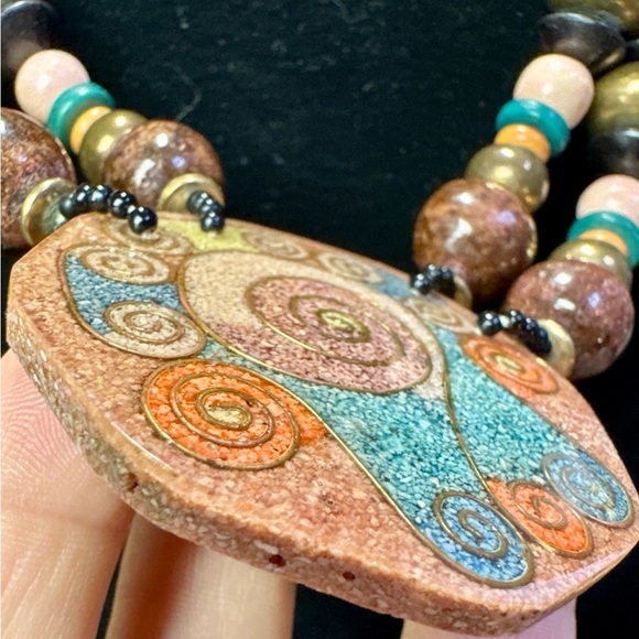 Beaded Necklace with Swirl Pendant Maximalism Architectural Chunky Boho Indie - Picture 5 of 9